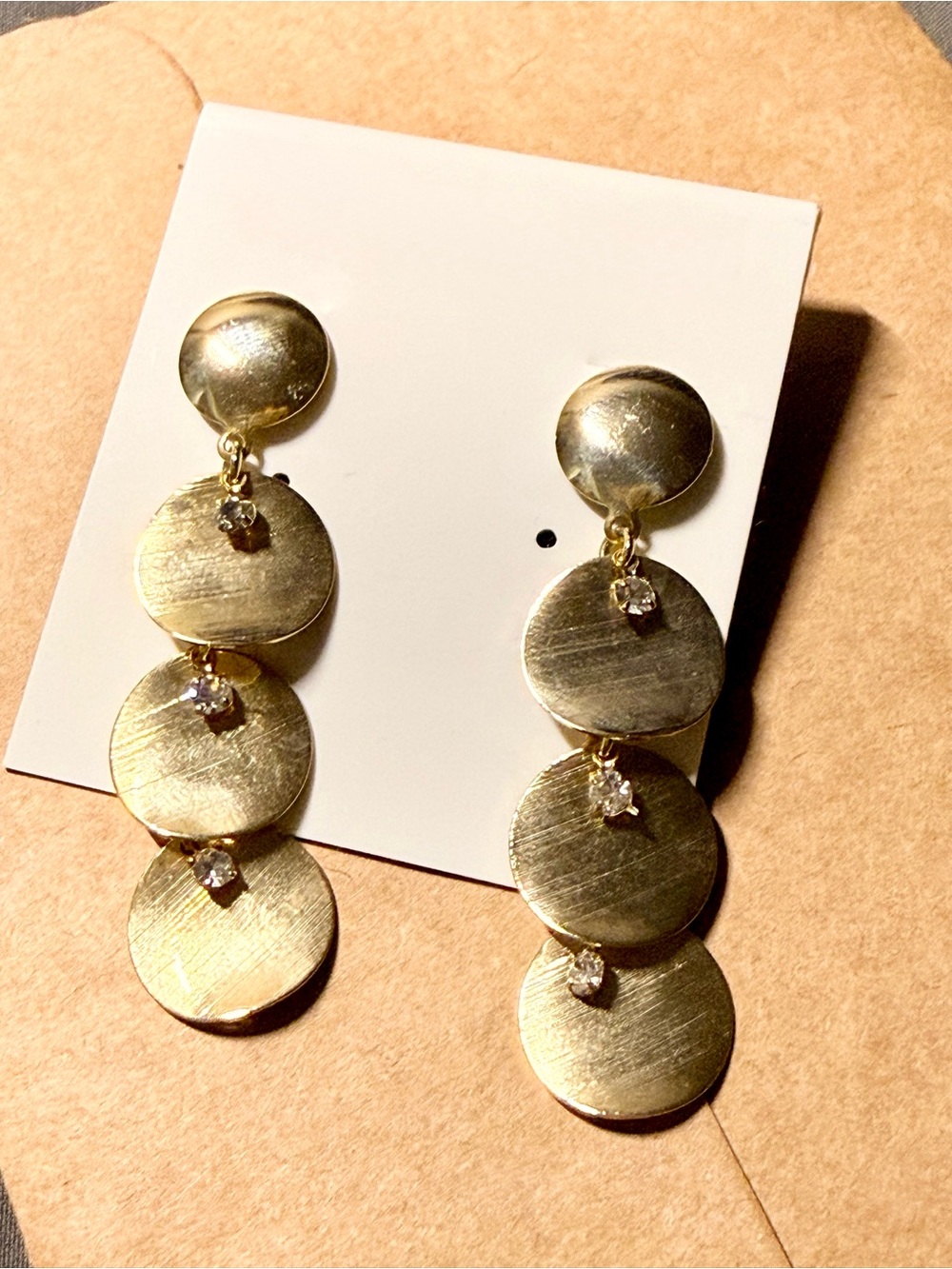 Brazilian made Gold Tone Disc Drop Earrings with Crystal Accents
